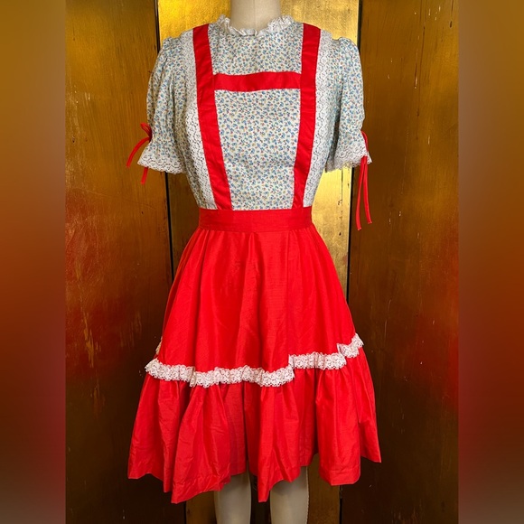 Partners Please Square Dance Dress Vintage Red White Floral Lace Trim sz 8 swing - Picture 3 of 7